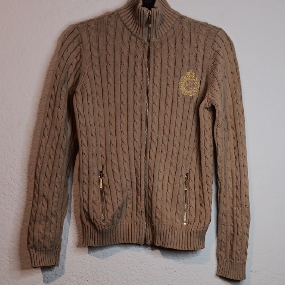 Vintage Lauren Ralph Lauren Beige Zip-Up Cable Knit Sweater